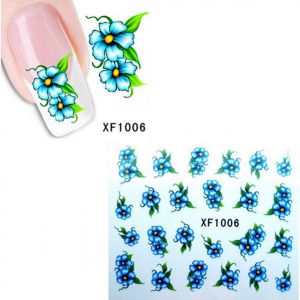 Переводные наклейки на ногти синие цветы.